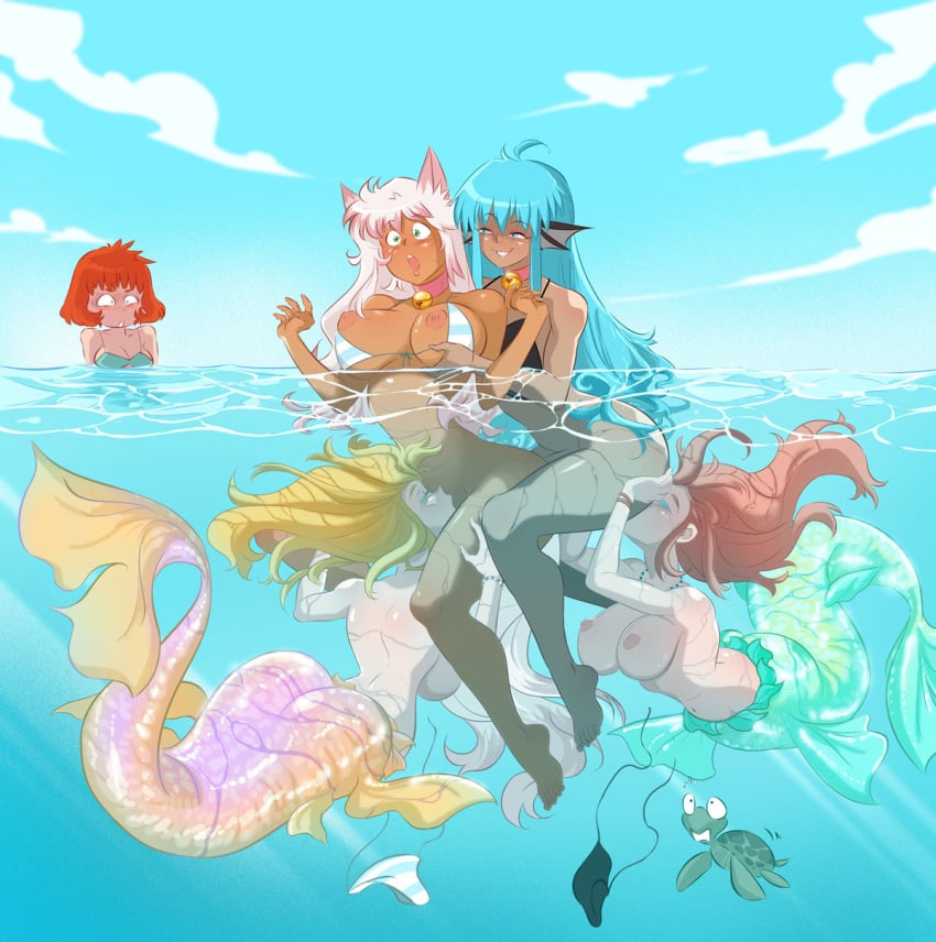 5girls bell_collar bikini blonde_hair blue_hair blush cat_ears catgirl cunnilingus eating_pussy groping_breasts groping_from_behind huge_breasts long_hair medium_hair mermaid mermaid_tail multiple_girls original original_characters pink_hair samasan surprise_sex topless underwater wardrobe_malfunction white_hair yuri