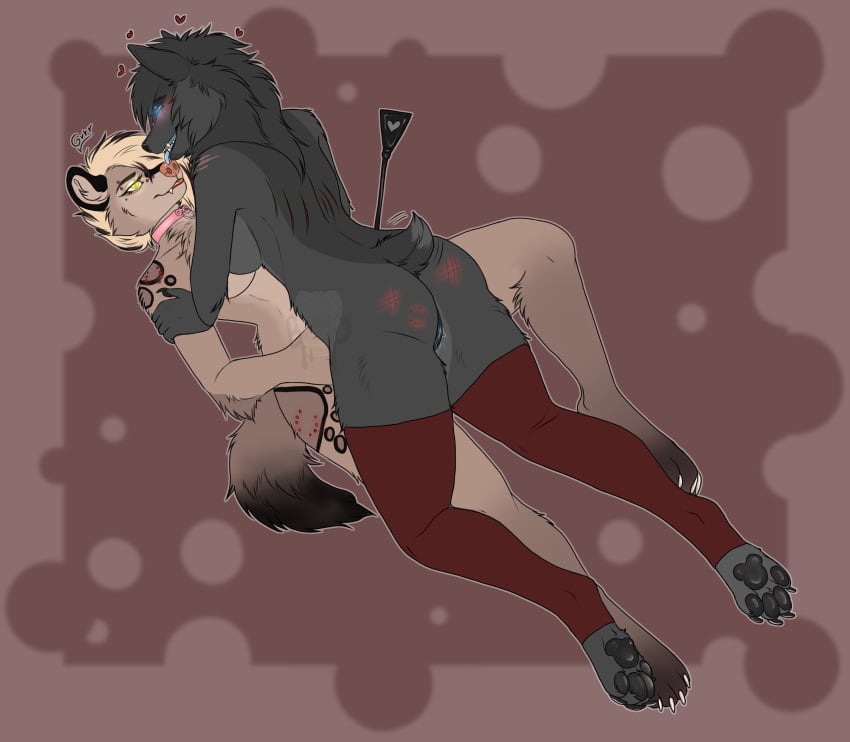 anthro ass baohellhound bitemarks bondage breasts butt_slap canid canine canis collar duo female female/female fluffy fur hi_res hyena juo lesbian_couple mammal slap spank_marks spanking wolf zean