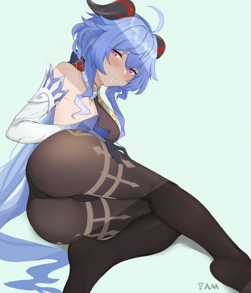 absurdres ahoge ass bare_shoulders bell black_legwear blue_hair blush breasts cowbell detached_sleeves feet female fully_clothed ganyu_(genshin_impact) genshin_impact gloves goat_horns half-closed_eyes highres horns huge_filesize legs leotard long_sleeves looking_at_viewer pantyhose pink_eyes saliva solo tamago_(eva1314056)