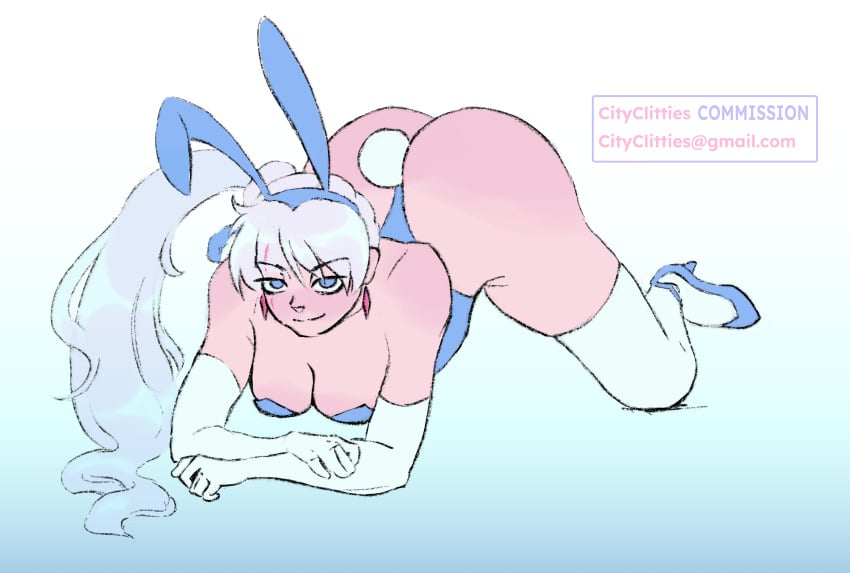 ass_up big_ass blue_eyes blush bunny_costume bunny_ears bunny_girl bunny_tail bunnysuit cityclitties earrings facial_scar female_only floppy_ears heels long_gloves long_hair looking_at_viewer on_knees ponytail rwby scar_across_eye small_breasts smile smile_at_viewer smirk socks solo_female spread_legs thighhighs weiss_schnee white_hair