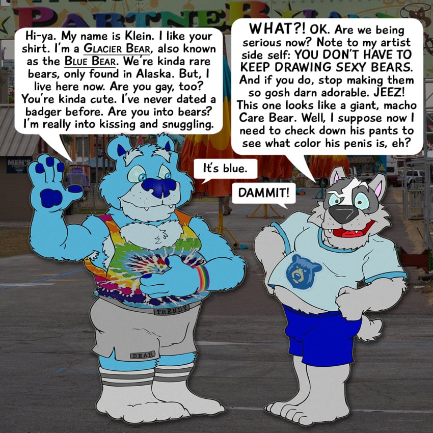 allcaps anthro barefoot black_text blue_body blue_bottomwear blue_clothing blue_eyes blue_fur blue_nose blue_pawpads blue_sclera blue_shirt blue_shorts blue_t-shirt blue_tank_top blue_topwear bottomwear brucebadger bulge clothing detailed_bulge dialog_balloon dialogue duo english_text feet footwear fur genital_outline green_clothing green_shirt green_tank_top green_topwear grey_bottomwear grey_clothing grey_shorts hand_on_belly hand_to_side hi_res male male/male multicolored_clothing multicolored_shirt multicolored_tank_top multicolored_topwear open_mouth open_smile orange_clothing orange_shirt orange_tank_top orange_topwear pawpads penis_outline print_clothing print_shirt print_t-shirt print_topwear purple_clothing purple_shirt purple_tank_top purple_topwear rainbow_clothing rainbow_shirt rainbow_tank_top rainbow_topwear red_clothing red_shirt red_tank_top red_topwear shirt shorts smile socks t-shirt tank_top teeth_showing text tie-dye topwear underline white_clothing white_footwear white_socks yellow_clothing yellow_shirt yellow_tank_top yellow_topwear