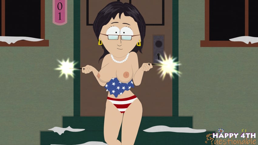 2020s 2024 2024s 4th_of_july black_hair bra_down glasses questionable_(artist) south_park usa_bikini wendy_testaburger