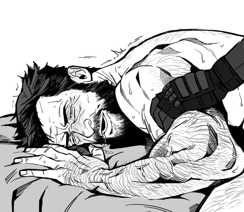 2boys arm_hair back bara beard bed blush bonjourdraws clothed_male_nude_male couple deadpool deadpool_&amp;_wolverine_(2024) drooling facial_hair full-face_blush gay gloves hand_on_another&#039;s_arm implied_sex leg_hair male_focus marvel marvel_comics mature_male monochrome multiple_boys muscular muscular_male nude open_mouth sex sex_from_behind simple_background superhero_costume sweat teeth trembling white_background wolverine_(x-men) x-men yaoi