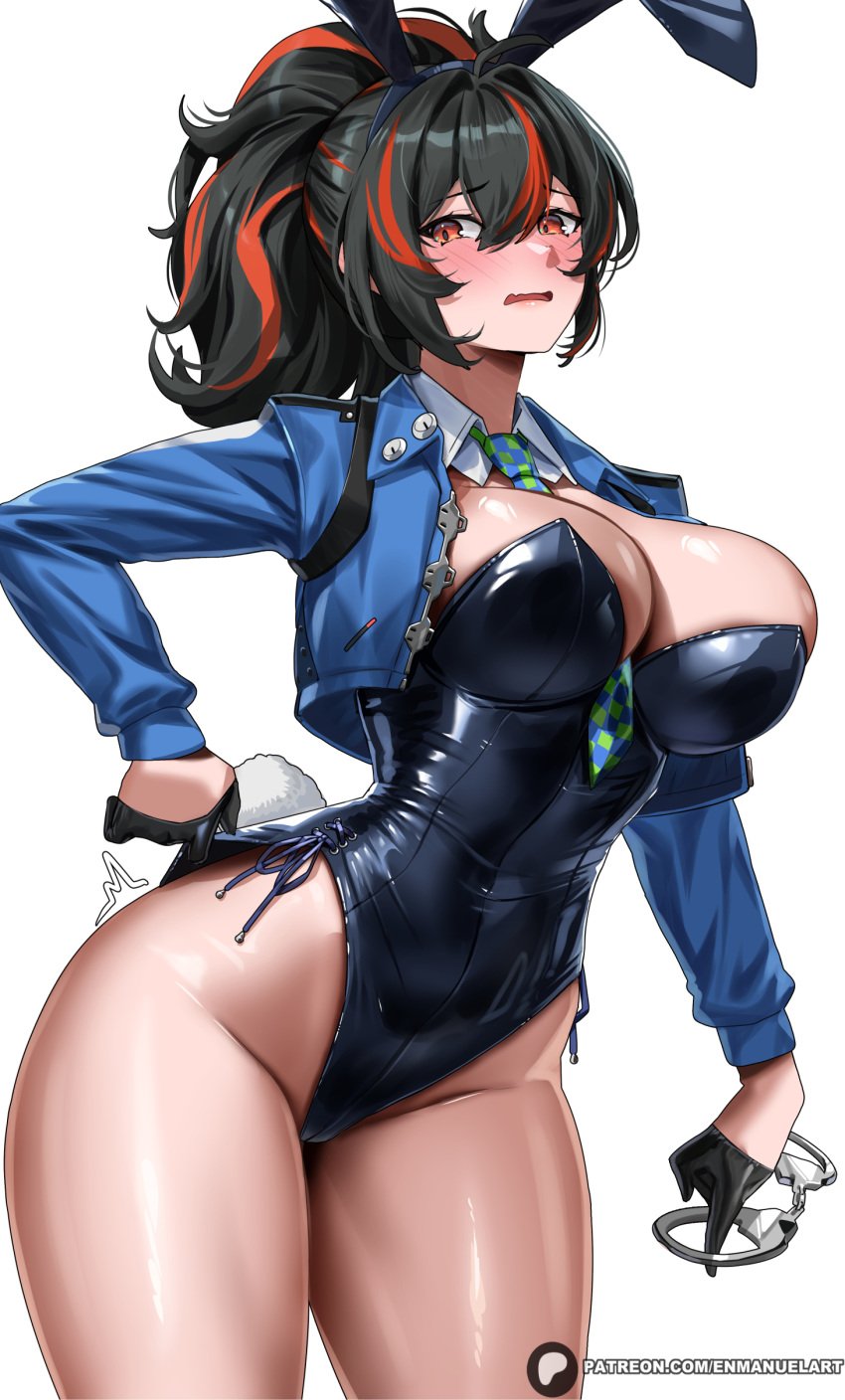 ass big_ass big_breasts big_thighs black_hair blush breasts bunny_ears bunnysuit embarrassed embarrassed_female enmanuelart20 female female_focus female_only gloves handcuffs huge_ass huge_breasts huge_thighs jacket looking_at_viewer multicolored_hair open_jacket orange_hair ponytail solo tagme thick_hips thick_thighs thighs zenless_zone_zero zhu_yuan