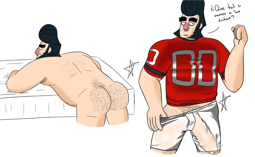 articraz_(artist) ass balls bara bent_over brawl_stars bulge bull_(brawl_stars) clothing flaccid male male_only muscles muscular nose_ring nude penis penis_under_clothes pompadour solo solo_male text