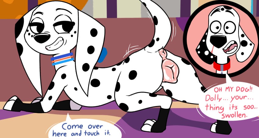 101_dalmatian_street 101_dalmatians 1boy 1boy1girl 1girls anatomically_correct animal_genitalia animal_pussy anus ass black_fur blood bodily_fluids canid canine canis collar dalmatian disney dolly_(101_dalmatians) domestic_dog dylan_(101_dalmatians) english_text female feral fur furry half-closed_eyes hi_res hypergal mammal multicolored_fur nosebleed pawpads plump_labia presenting presenting_anus presenting_hindquarters presenting_pussy puffy_anus pussy smile speech_bubble spots teeth text two_tone_fur white_fur