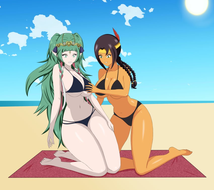 2girls anoneysnufftan applying_sunscreen banjo-kazooie beach beach_towel bikini blue_eyes brown_hair crossover eastern_and_western_character edasbild elf_ears embarrassed female female_only fire_emblem fire_emblem:_three_houses green_eyes green_hair green_iris hair_feather headdress humba_wumba humiliation killer_lotion long_hair massage native_american native_american_female native_laurentian nintendo ocean partially_clothed partially_clothed_female peril primate punishment rubbing sand seaside sky sothis_(fire_emblem) source_request summer sunbathing swimsuit towel turtle_islander