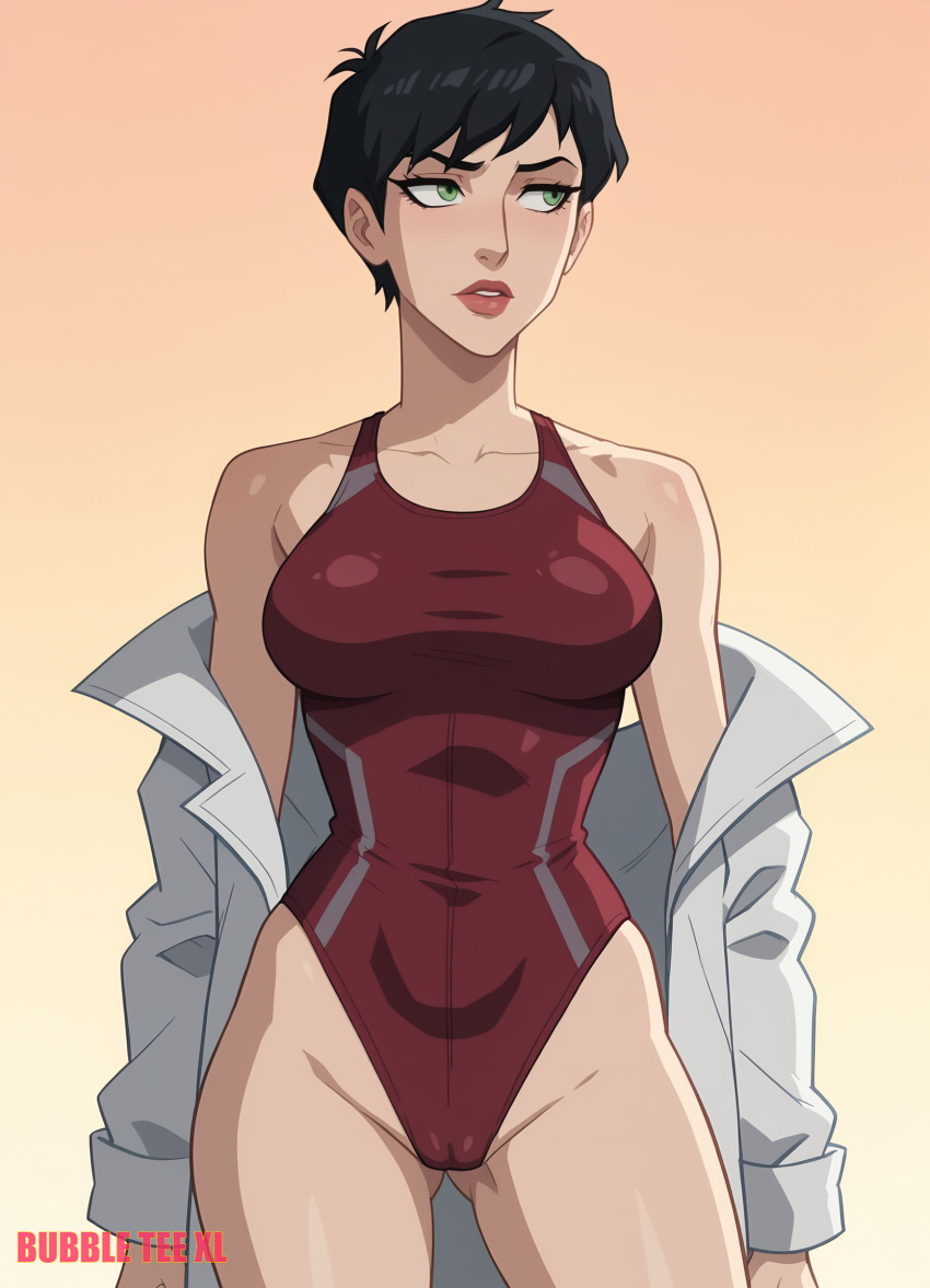 ai_generated batman:_hush batman_(series) bubbleteexl cameltoe catwoman dark_hair dc dc_comics female female_focus female_only green_eyes nude_female pale-skinned_female pale_skin pixie_cut selina_kyle short_hair topless white_skin