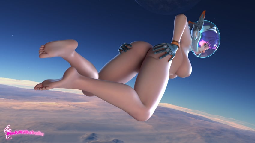 3d blender feet grabbing_ass juno_(overwatch) nude overwatch overwatch_2 pinkmilkshake presenting presenting_hindquarters purple_hair space spacesuit thighs