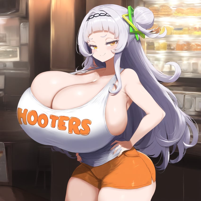 ai_generated alternate_breast_size ameanon big_breasts breasts breasts_bigger_than_head cleavage gigantic_breasts hololive hooters hooters_uniform huge_breasts large_breasts looking_at_viewer murasaki_shion orange_shorts short_shorts shorts side_bun sideboob smile smug tank_top thick_thighs virtual_youtuber vtuber white_shirt