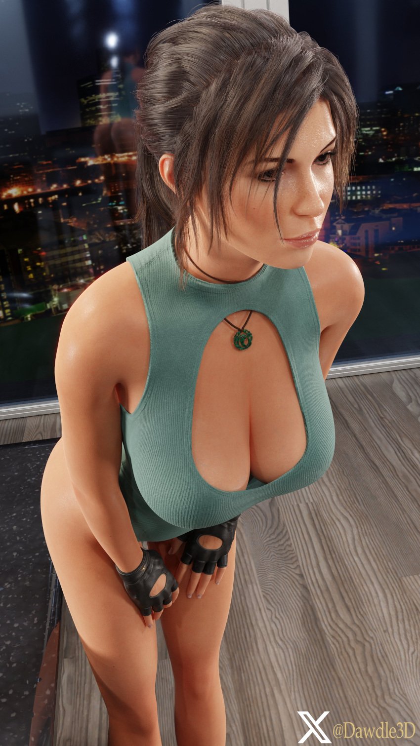 3d bent_over big_breasts breasts brown_eyes brown_hair busty dawdle3d female female_focus female_only hourglass_figure lara_croft lara_croft_(survivor) large_breasts long_hair pinup pinup_pose ponytail tagme tan tan_body tan_skin tomb_raider tomb_raider_(survivor) wide_hips