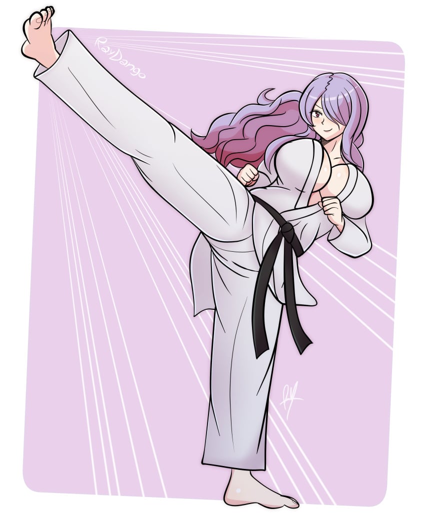 1girls absurdres alternate_costume artist_name barefoot belt black_belt breasts camilla_(fire_emblem) closed_mouth dougi female female_only fire_emblem fire_emblem_fates hair_over_one_eye highres karate kicking large_breasts light_purple_hair long_hair looking_at_viewer martial_arts_belt motion_lines nintendo open_clothes purple_eyes raydango signature simple_background smile solo underboob watermark