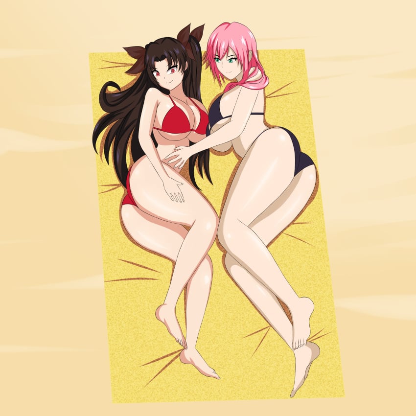 2girls anoneysnufftan applying_sunscreen beach beach_towel bikini brown_hair eclair_farron edasbild embarrassed fate_(series) female female_only final_fantasy final_fantasy_xiii green_eyes humiliation imminent_death ishtar_(fate) killer_lotion long_hair massage murder peril pink_hair punishment red_eyes rubbing sand sky snuff summer sunbathing swimsuit towel