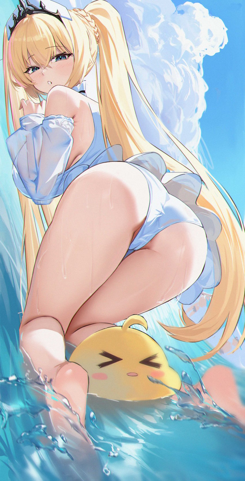 &gt;_&lt; absurdres akipopopopoon ass ass_focus azur_lane bare_shoulders blonde_hair blue_eyes blue_sky breasts cloud cloudy_sky day detached_sleeves dress female hair_between_eyes hat highres huge_ass large_breasts long_sleeves looking_at_viewer looking_back manjuu_(azur_lane) ocean outdoors painlev&eacute;_(azur_lane) painlev&eacute;_(fresh_and_fortunate)_(azur_lane) puffy_long_sleeves puffy_sleeves see-through sky sleeveless sleeveless_dress tiara twintails wet white_dress white_hat