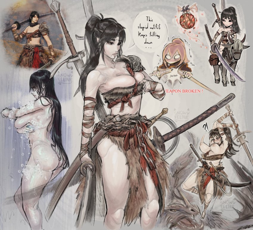 1girls ass elden_ring female huge_breasts samurai snowyfeline tarnished torrent_(elden_ring) wardrobe_malfunction