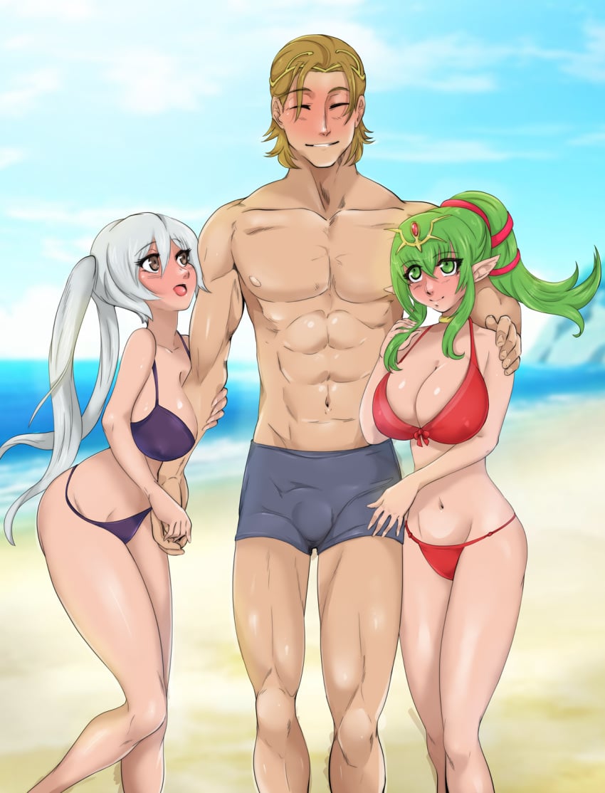 1boy 2girls alternate_costume arm_between_breasts arm_grab beach between_breasts bikini breasts brown_eyes cleavage covered_nipples female female_focus fire_emblem fire_emblem_awakening fire_emblem_heroes girl_sandwich green_eyes green_hair grey_hair grin holding_hands kajimateria kiran_(fire_emblem) kiran_(fire_emblem)_(male) large_breasts long_hair looking_up male multiple_girls nintendo ocean open_mouth outdoors pointy_ears ponytail purple_bikini purple_swimsuit red_bikini red_swimsuit robin_(fire_emblem) robin_(fire_emblem)_(female) sand sandwiched short_hair smile swimsuit tiki_(adult)_(fire_emblem) tiki_(fire_emblem) twintails water