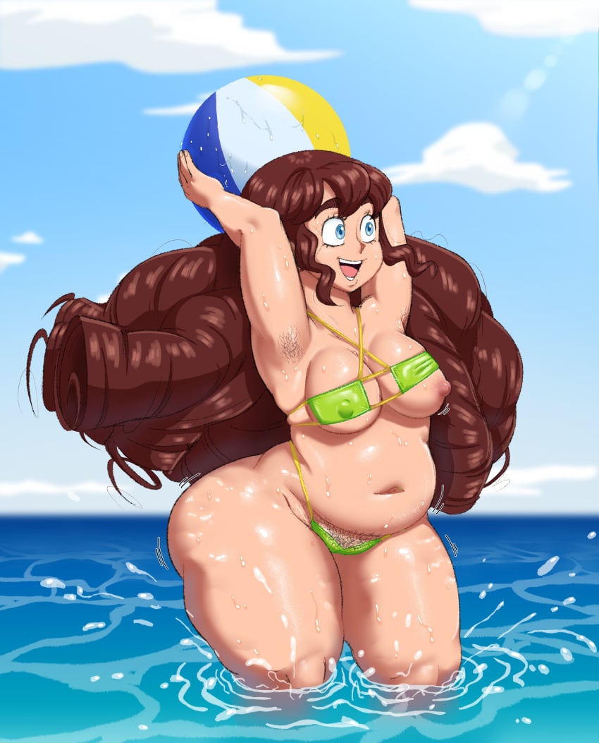 1girls armpit_hair big_breasts bikini brown_hair chubby chubby_female exposed_breasts eyepatch_bikini female female_focus female_only lamarkey large_breasts long_hair medium_breasts micro_bikini nipple_slip original original_character pubic_hair solo thick_thighs wide_hips