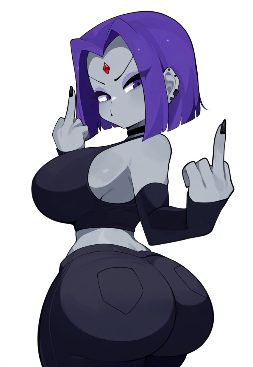 ai_generated armwear black_lipstick ear_piercing grey_skin huge_ass huge_breasts jeans massive_ass massive_breasts pants punk purple_hair raven_(dc) shorts tank_top teen_titans wide_hips