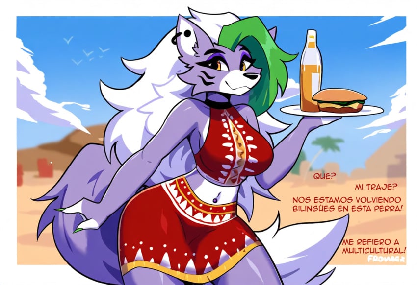 absurd_res ai_generated anthro beach blue_sky bottomwear breasts burger canid canine canis clothed clothing crop_top digital_media_(artwork) ear_piercing ear_ring eyebrows eyelashes female fingers five_nights_at_freddy's food fur green_hair hair hellsonger hi_res holding_object long_hair looking_at_viewer mammal midriff navel outside piercing plant purple_body red_bottomwear ring_piercing roxanne_wolf_(fnaf) sandwich_(food) scottgames seaside skirt sky smile solo tail_through_skirt text white_body white_hair wolf yellow_eyes