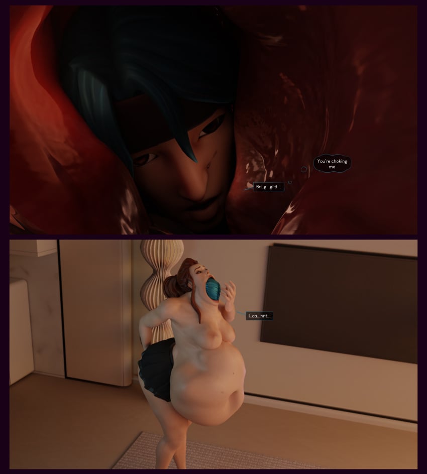 2022 2girls 3d bedroom breasts brigitte clothing female large_breasts lepetitejane1111 male overwatch overwatch_2 self_upload vore vore_belly vore_comic vore_sex