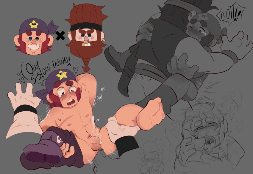 anal anal_sex balls bara blush boner brawl_stars bull_(brawl_stars) calaziike color colt_(brawl_stars) erection gay male male_only monochrome muscles muscular nose_ring penis pompadour sex spread_legs tongue_out