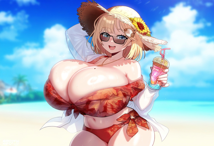 ai_generated ameanon beach big_breasts bikini blonde_hair blue_eyes breasts breasts_bigger_than_head cleavage drink hawaiian_shirt holding_drink hololive hololive_english hololive_myth huge_breasts large_breasts mole_on_breast mommy side-tie_bikini sideboob straw_hat sunglasses tropical_drink virtual_youtuber vtuber watson_amelia