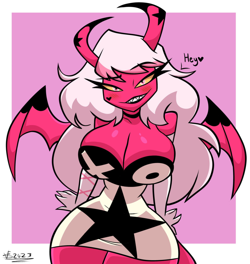 big_breasts bigdad busty clothed demon demon_girl helluva_boss naughtymex pink_skin smirking_at_viewer succubus verosika_mayday_(helluva_boss)