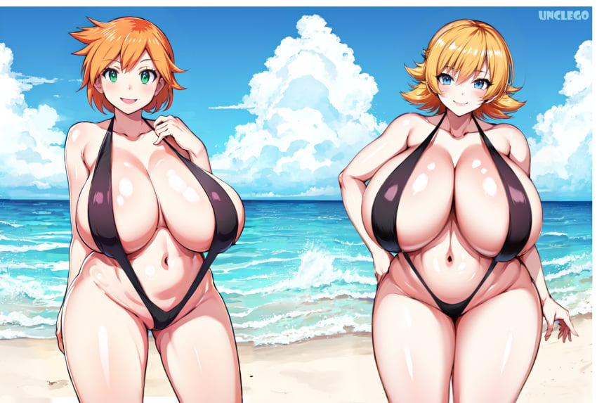 2girls ai_generated beach big_breasts bikini black_bikini blonde_hair blonde_hair blue_eyes breasts chubby cleavage crossover curvaceous green_eyes huge_breasts igawa_sakura kasumi_(pokemon) massive_breasts navel orange_hair pokemon posing red_hair self_upload short_hair sling_bikini slingshot_swimsuit stable_diffusion standing summer swimsuit taimanin_(series) taimanin_asagi teenage_girl teenager tomboy unclego wide_hips