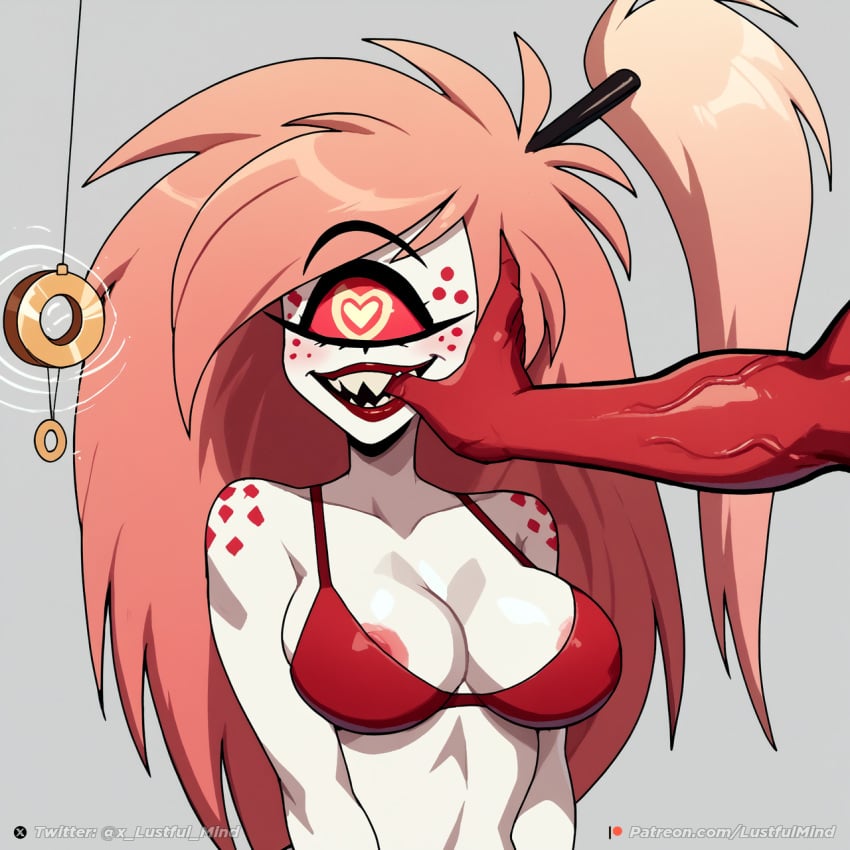 1girls ai_generated big_breasts bra breasts cherri_bomb_(hazbin_hotel) coin cyclops demon_girl female finger_in_mouth hand_on_head hazbin_hotel heart hearts_in_eyes hypnosis long_hair lustful_mind mind_control pale-skinned_female pale_skin pendulum pink_hair ponytail red_bra self_upload smile tagme teeth white_skin