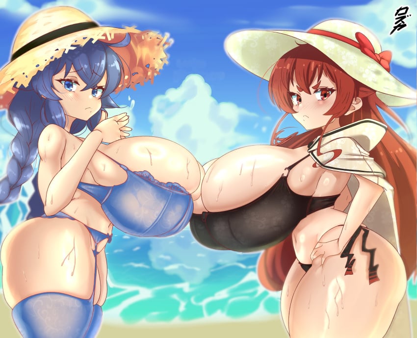 2girls alternate_breast_size annoyed annoyed_expression curvy eris_greyrat female female_only fidgeting gigantic_breasts hands_on_hips hyper_breasts kazuya_zoey lingerie logo looking_at_viewer multiple_girls mushoku_tensei plump roxy_migurdia shortstack side_view straw_hat voluptuous