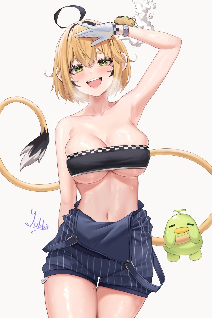 ahoge artist_name bellybutton blonde_hair blush breast_squish checkered_bra cleavage cleavage_overflow conductor_uniform dooby3d gloves green_eyes hand_above_head indie_virtual_youtuber jerboa jerboa_humanoid mascot open_mouth salute shiny_skin steam sweat sweaty_body tail thick_thighs underboob virtual_youtuber watermark yubbiidraw