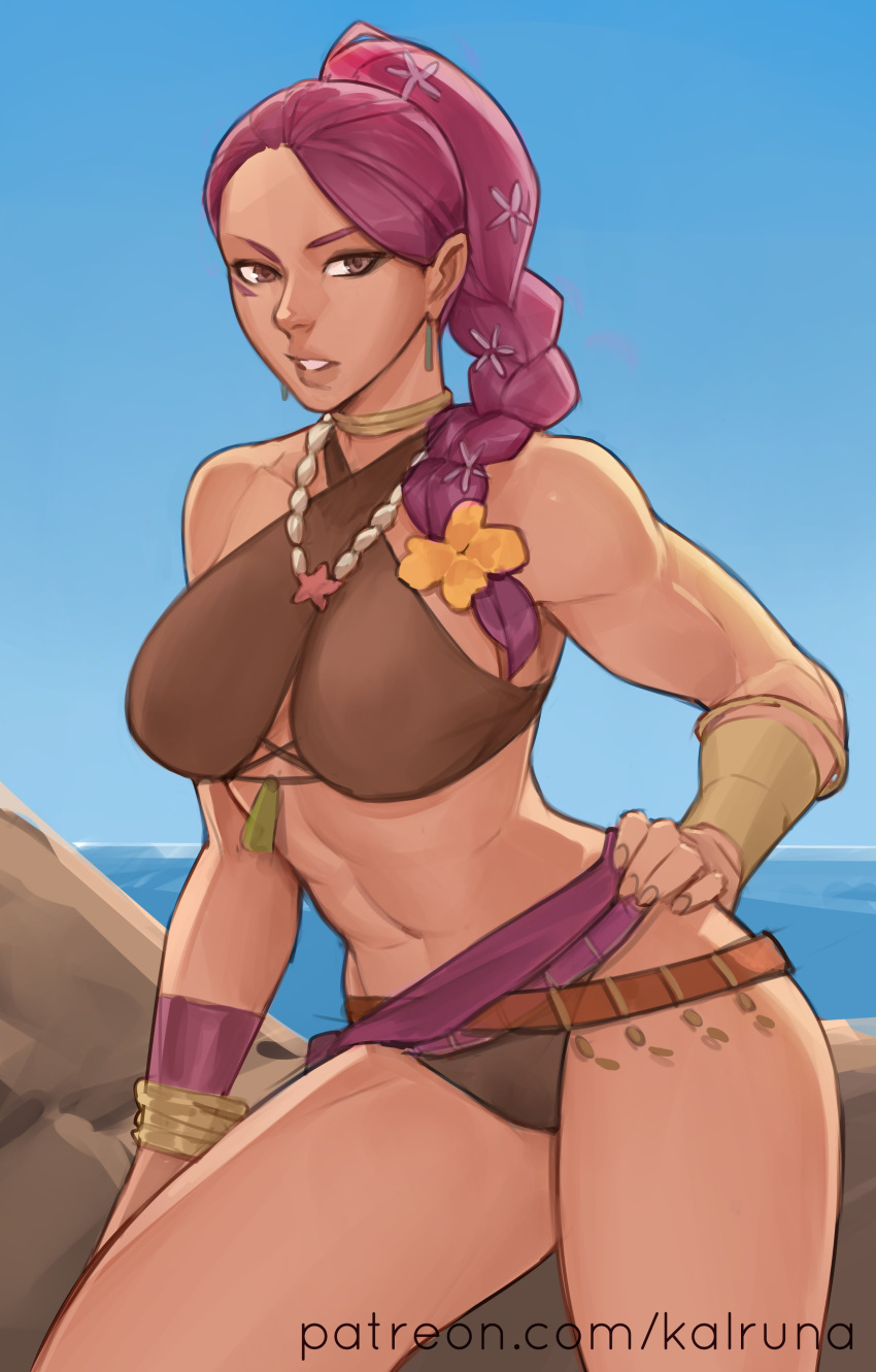 1girls alternate_costume bare_thighs bikini braid braided_ponytail breasts brown_bikini brown_eyes brown_swimsuit earrings female female_only fire_emblem fire_emblem:_three_houses fire_emblem_heroes flower hair_flower hair_over_shoulder hand_on_own_hip kalruna large_breasts long_hair muscular muscular_female nintendo ocean official_alternate_costume outdoors petra_macneary petra_macneary_(summer) ponytail purple_hair rock solo standing swimsuit thighs