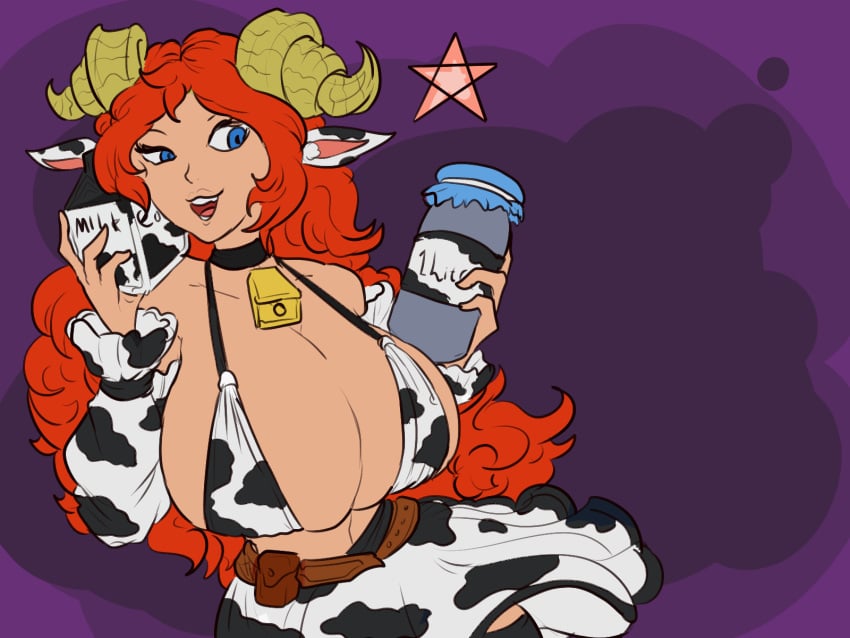 blue_eyes cow_girl cow_print curly_horns epic_battle_fantasy huge_breasts large_breasts line_art massive_breasts natalie_(ebf) red_hair skirt smile tagme