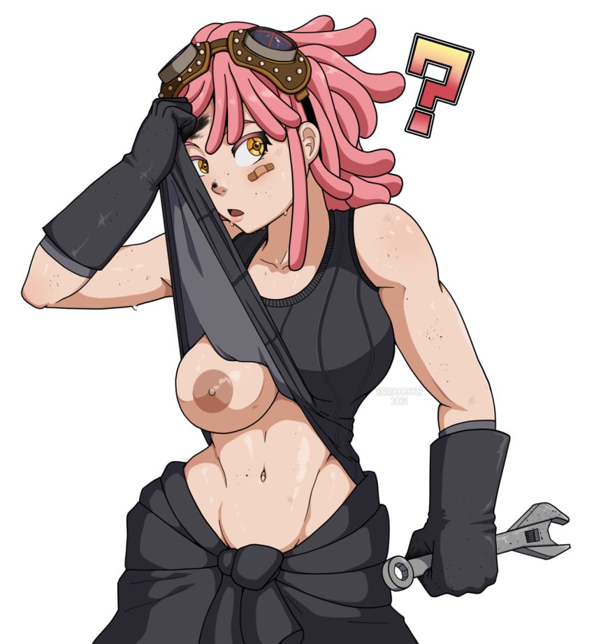 bandaid bandaid_on_cheek bandaid_on_face big_breasts boku_no_hero_academia clothed clothes female gloves large_breasts lifting lifting_shirt mei_hatsume my_hero_academia pink_hair shirt_lift weirddoddle yellow_eyes