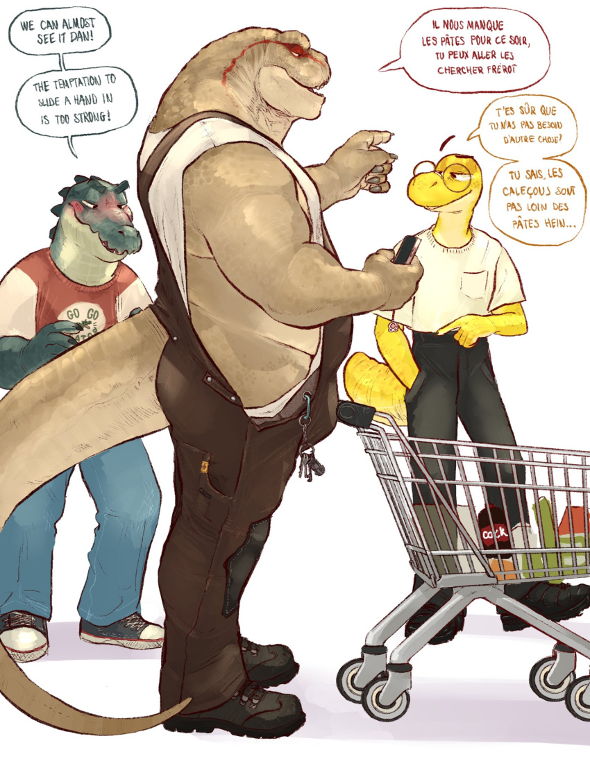 anthro banana_da_boi biped bottomwear bulge clothing crocodilian digital_drawing_(artwork) digital_media_(artwork) dinosaur english_text eyewear footwear french glasses hi_res male male_anthro male_only musclegut muscular muscular_anthro muscular_male pants prehistoric_species reptile scalie shirt shoes simple_background standing tail text topwear white_background