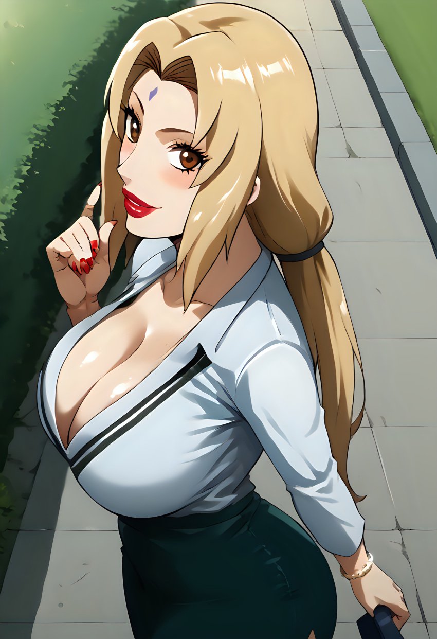 ai_generated anime big_ass big_breasts big_butt bimbo blonde_hair female manga mature mature_female milf naruto naruto_(series) naruto_shippuden office office_lady rxnbx selfie tsunade