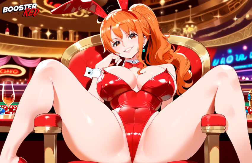 ai_generated animal_ears bare_shoulders boosterred99 bowtie brown_eyes bunny bunny_ears bunny_girl bunnysuit female female_only large_breasts leotard nami nami_(one_piece) one_piece orange_hair playboy playboy_bunny playboy_bunny_leotard ponytail seductive_look seductive_smile stable_diffusion