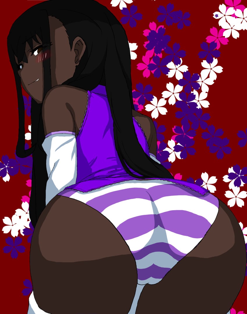 absurdres ass ass_focus black_hair blush brown_eyes cameltoe dark-skinned_female dark_skin detached_sleeves female from_behind highres long_hair looking_at_viewer looking_back meihalia_lavinah mizukurokishona original panties purple_panties simple_background skirt smile solo striped_clothes striped_panties underwear