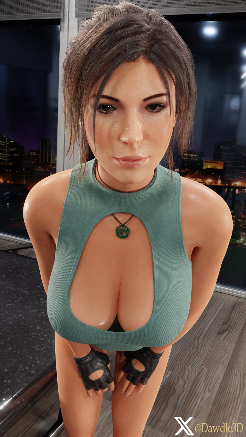 3d bent_over big_breasts breasts brown_eyes brown_hair busty dawdle3d female female_focus female_only hourglass_figure lara_croft lara_croft_(survivor) large_breasts long_hair pinup pinup_pose ponytail tagme tan tan_body tan_skin tomb_raider tomb_raider_(survivor) wide_hips