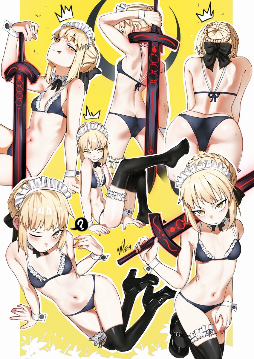 ? abdomen artoria_pendragon artoria_pendragon_(alter) artoria_pendragon_(fate) ass back belly belly_button bikini blonde_female blonde_hair blush fate/grand_order fate/stay_night fate/zero fate_(series) female female_only maid maid_bikini maid_headdress navel one_eye_closed petite petite_body petite_breasts petite_female saber skinny skinny_girl small_breasts smaller_female thighhighs waligner