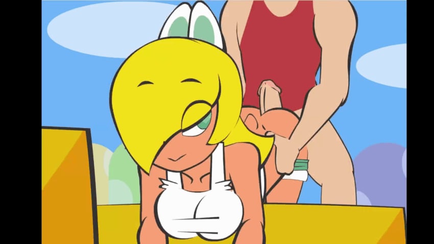 1boy 1girls animated ass bent_over blonde_hair blue_eyes bouncing_breasts breasts buttjob cleavage female from_behind hotdogging koopa koopa_girl large_breasts long_hair male mario_(series) minus8 nintendo noko_(minus8) pants_down penis sex shorts super_mario_bros. tank_top