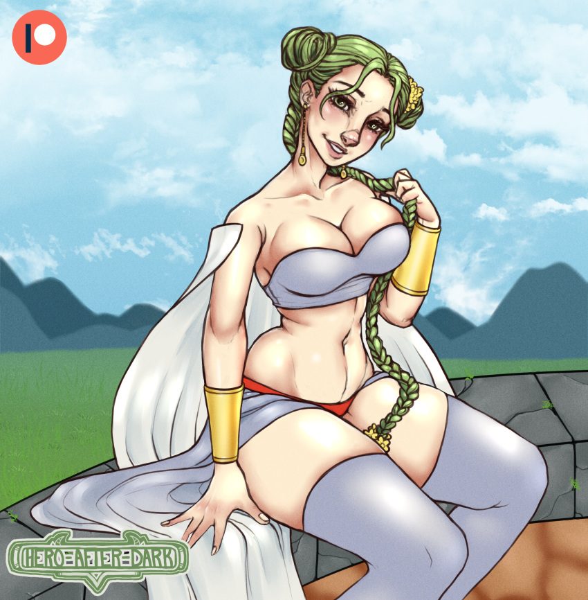 big_breasts breasts goddess green_hair harvest_goddess harvest_moon hero-after-dark stockings