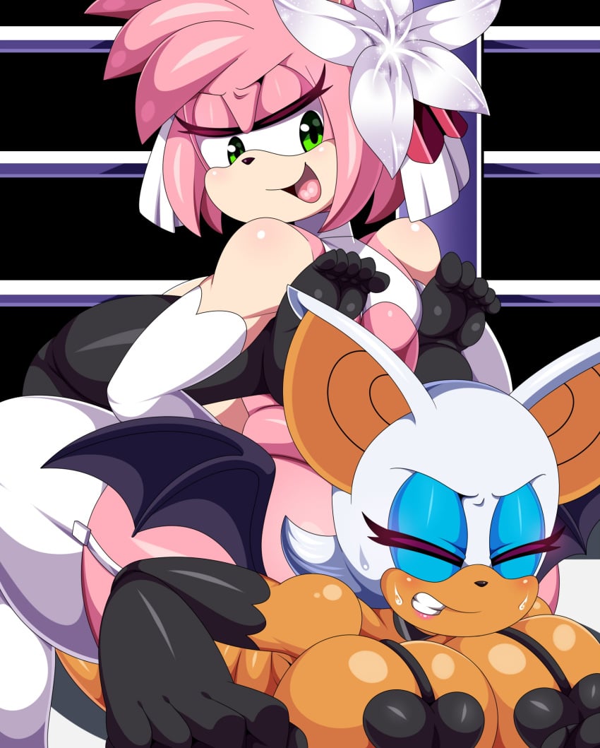 2girls amy_rose big_breasts boston_crab breasts catfight female female/female female_only fight green_eyes hair_ornament holding_legs leggings legs_up looking_at_another open_mouth pink_fur pink_hair rouge_the_bat sega sitting sitting_on_back sitting_on_person sonic_(series) sweat teddy_jack white_fur white_hair wrestling wrestling_ring yuri