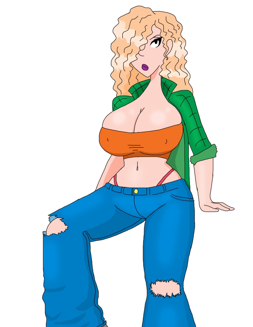 1girls aged_up big_breasts blonde_hair breasts busty cleavage clothing curly_hair debbie_thornberry hair_over_one_eye jeans large_breasts lipstick midriff navel nickelodeon nipple_bulge open_shirt panties pants sitting smilesaidboredgirl thong tubetop wild_thornberrys