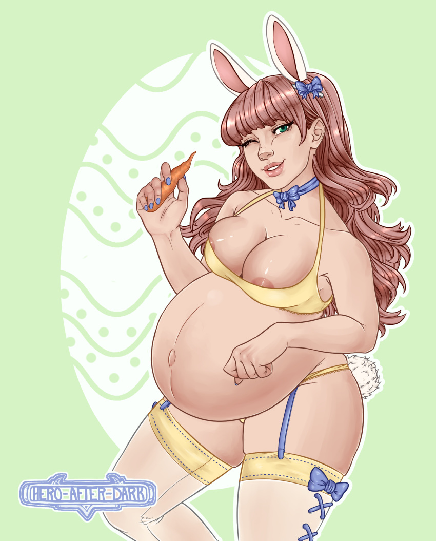 belly bunny_ears bunny_girl carrot curly_hair easter easter_bunny hero-after-dark nipple_slip pregnancy pregnant rabbit rabbit_humanoid ready_to_pop stockings