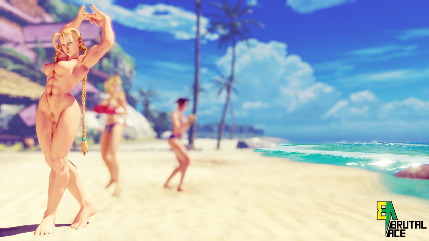 3d abs athletic beach biceps blonde_hair blue_eyes braid braided_hair breasts brutal_ace cammy_white nude pose posing pubic_hair pussy small_breasts standing street_fighter twin_braids vagina