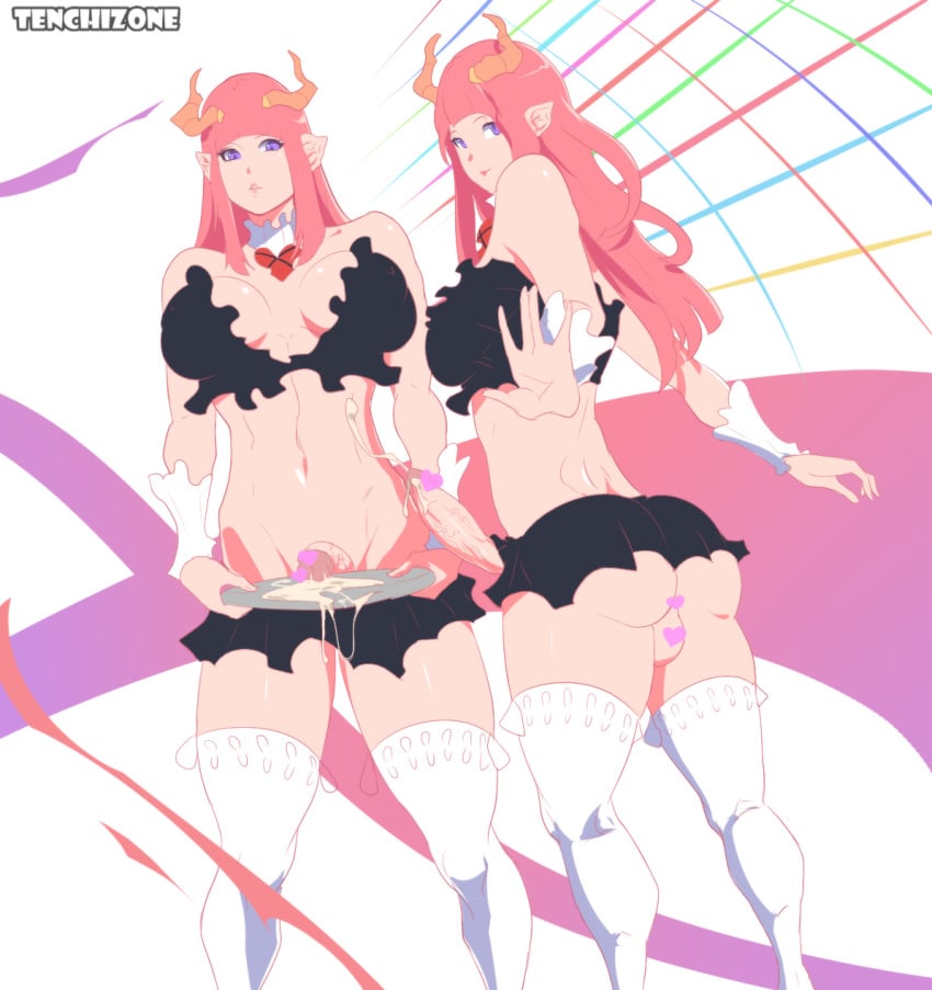 2futas artist_name ass balls breasts censored cleavage color cum cum_on_plate cumshot dickgirl ejaculation erection front_view futanari horns intersex long_hair looking_at_viewer midriff miniskirt penis pink_hair pointy_ears purple_eyes side_view slim standing stockings tenchizone thighhighs twins