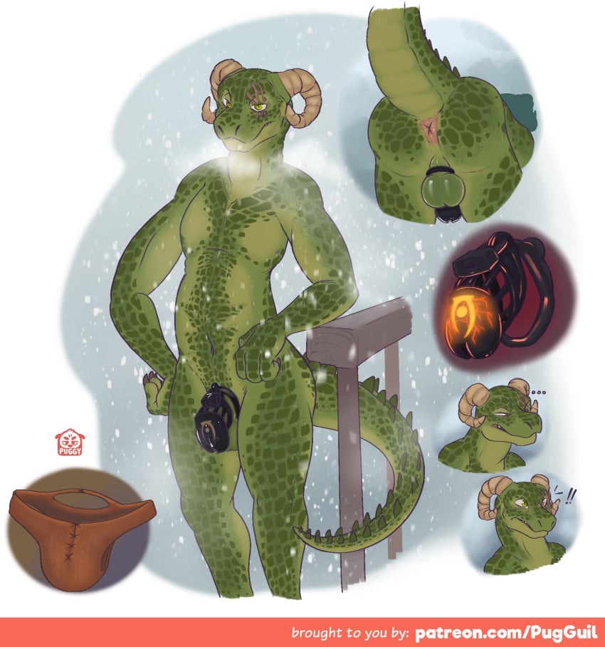 anthro anus argonian ass balls bethesda_softworks breath chastity_cage chastity_device clothing digital_media_(artwork) hi_res horn looking_at_viewer male model_sheet nude penis presenting presenting_hindquarters puggy reptile scalie scar simple_background skyrim solo standing the_elder_scrolls underwear video_games