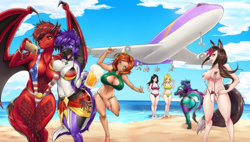 aircraft animal_humanoid anthro ass beach bikini breasts bulge canid canid_humanoid canine canine_humanoid clothed clothing curvaceous dog_humanoid dragon female flaccid group gynomorph hotbento human humanoid humanoid_penis intersex mammal mammal_humanoid open_mouth outside penis phone pubes redwolfofdeath seaside selfie sling_bikini smile standing swimwear wide_hips