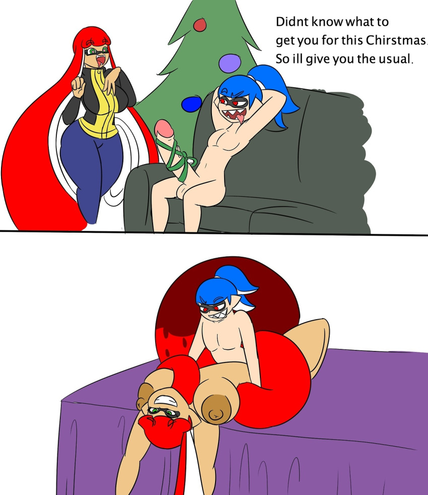 1boy 1girls armpits blue_hair breasts charie_(igphhangout) christmas dutch_(igphhangout) english_text female green_eyes grin huge_breasts huge_cock huge_penis igphhangout inkling inkling_boy inkling_girl instant_loss_2koma large_breasts larger_female long_hair male nintendo penetration penis present red_hair sex size_difference smaller_male smile source_request splatoon teeth tentacle text thick_thighs wide_hips